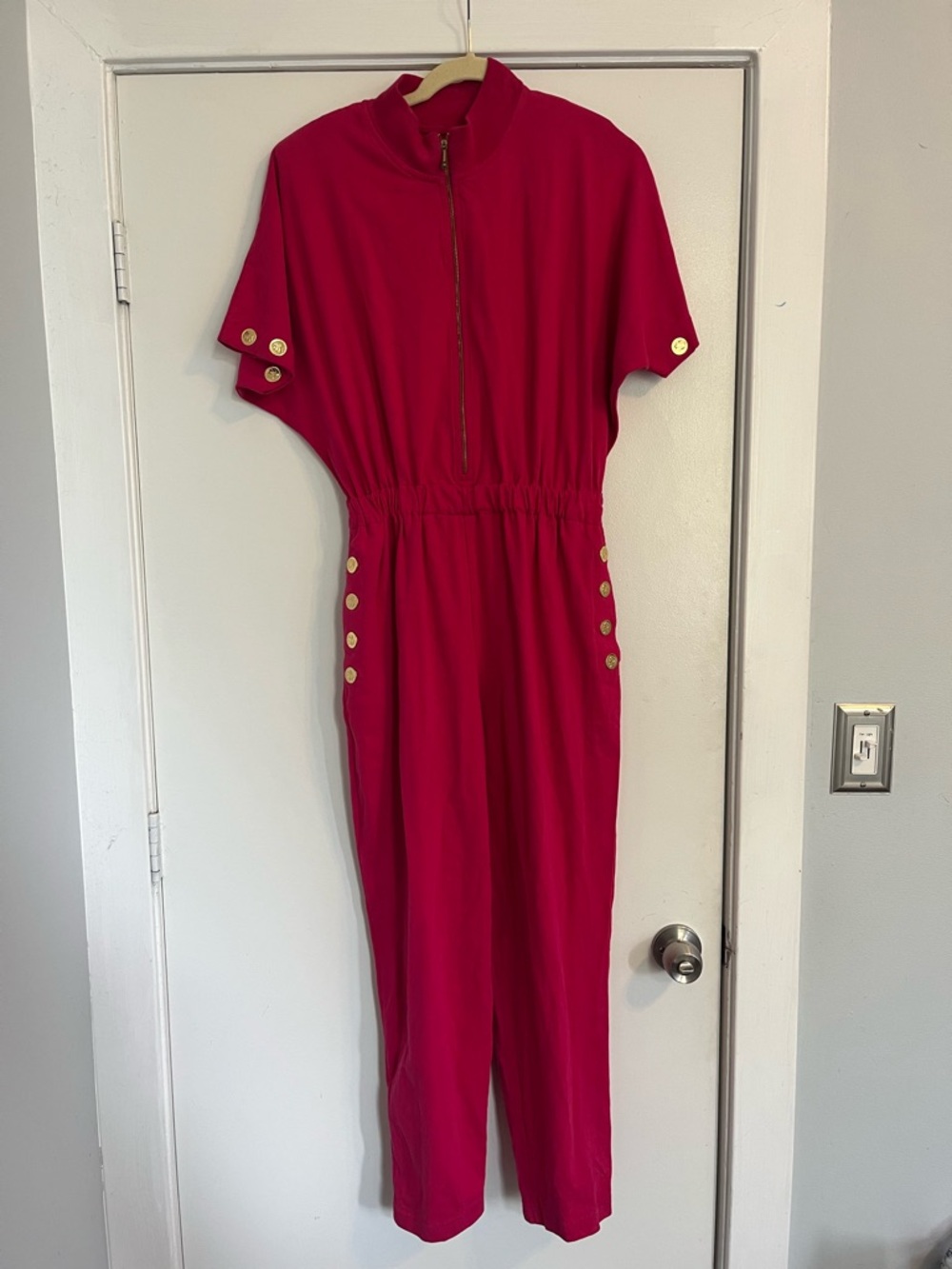 Vintage Magenta Jumpsuit with Gold Coin Buttons elastic waist pink pockets